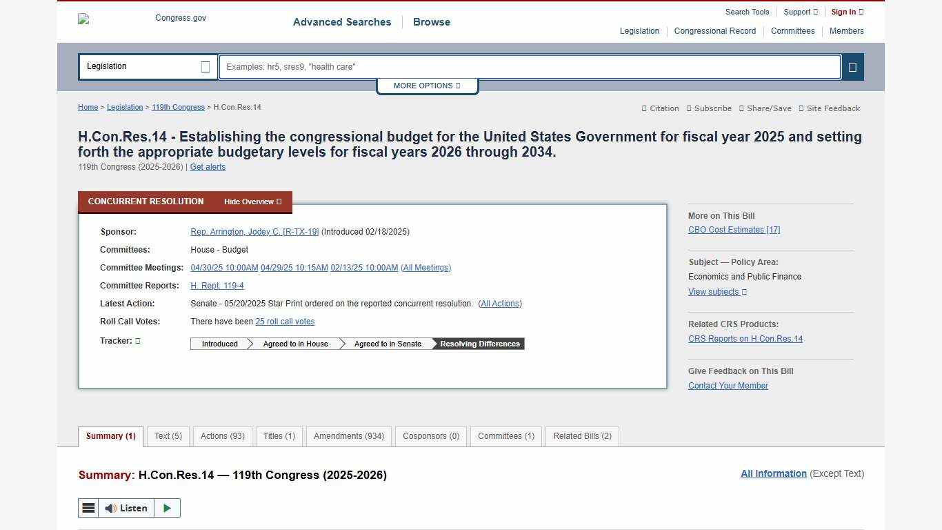 H.Con.Res.14 - 119th Congress (2025-2026): Establishing the congressional budget for the United States Government for fiscal year 2025 and setting forth the appropriate budgetary levels for fiscal years 2026 through 2034. Congress.gov Library of Congress