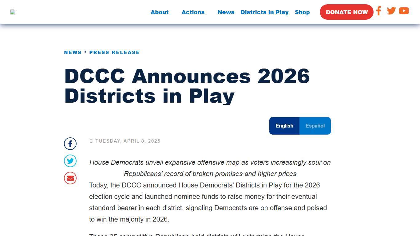DCCC Announces 2026 Districts in Play - DCCC